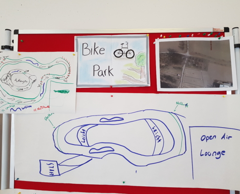 An einer Pinnwand hängen Skizzen der Planung des neuen Bike Parks