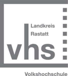 Logo der Volkshochschule mit der Abkürzung vhs Landkreis Rastatt in einem grauen Kasten